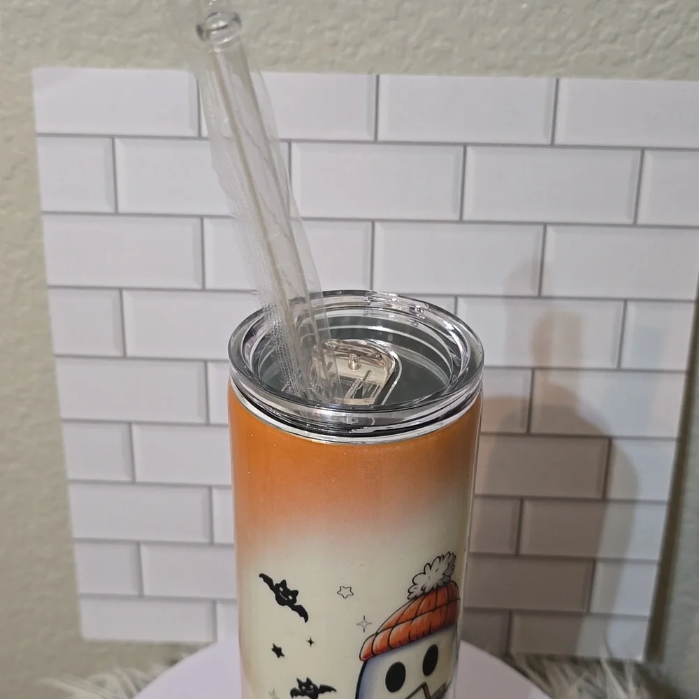 Handmade Halloween Ghost 30oz Skinny Tumbler Cute Spooky Boo Coffee Glitter Cup